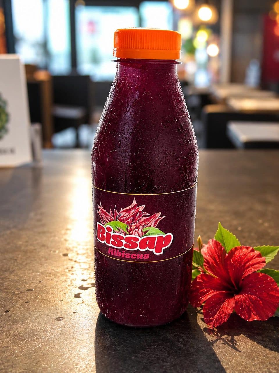 Bouteille de bissap maison à côté d’une fleur d’hibiscus
